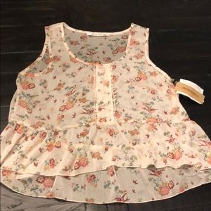 New with Tags- tan blouse with pink/purple flowers